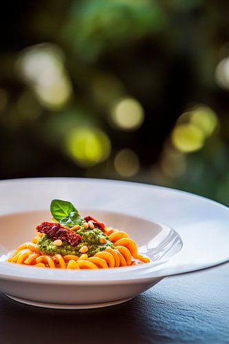 Pasta met pesto en zongedroogde tomaten