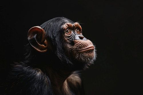 Gedetailleerd chimpanseeportret met donkere achtergrond