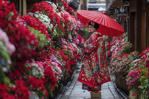 schilderachtig Japan met Geisha met bloemen