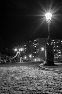 Architektur Die Paradiesbrücke über den Fluss Mulde in Zwickau Sachsen Ostdeutschland bei Nacht Schwarz-Weiß-Fotografie vertikal