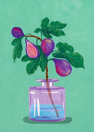 Artistic Illustration of Purple Figs in a Glass Vase