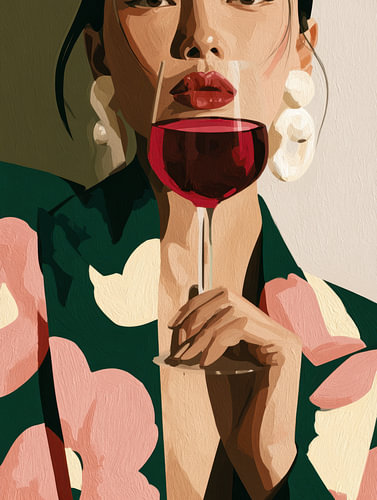 A modern, minimalist fashion portrait of a woman wearing a rose-patterned outfit and holding a glass of wine