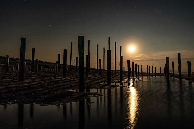 The Palendorp at Petten captured in the middle of the night with a full moon. by Jaap van den Berg