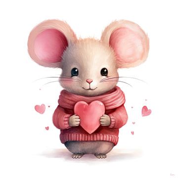 Cute little mouse with hearts in pink by Lauri Creates