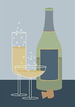 Twee glazen  en een fles met mousserende wijn. van DE BATS designs
