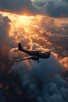 An antique plane floats through the sky adorned in shades of orange. by Digitale Schilderijen