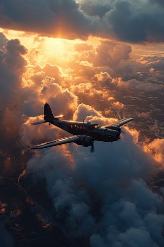 Een antiek vliegtuig zweeft door de lucht getooid in tinten van oranje.