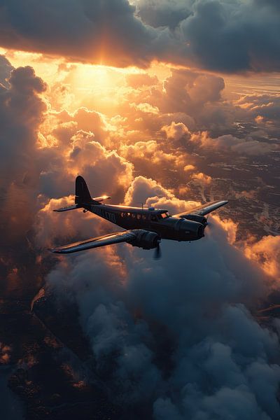 An antique plane floats through the sky adorned in shades of orange. by Digitale Schilderijen