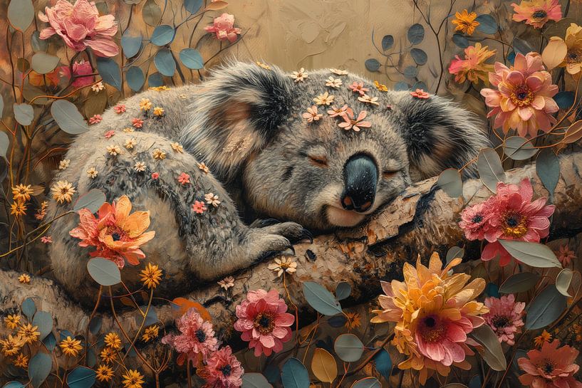 Droomachtige Rust - Koala omringd door Bloemen van Eva Lee