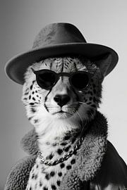 Portrait d'un guépard avec chapeau et bijoux en noir et blanc sur Poster Art Shop