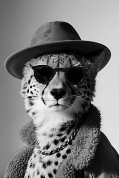 Portret van een jachtluipaard met hoed en juwelen in zwart-wit van Felix Brönnimann