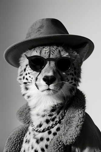 Portrait d'un guépard avec chapeau et bijoux en noir et blanc