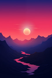 Coucher de soleil magenta sur une vallée de montagne profonde sur Minimal Blue