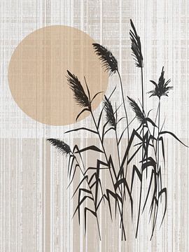 Japandi / Wabi Sabi minimalistisch schilderij: Zon achter bamboe van Studio Pieternel