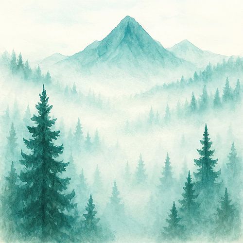 Pine forest in the mist with mountains (AI) (watercolour, painting, Scandinavia, peace, zen, nature)
