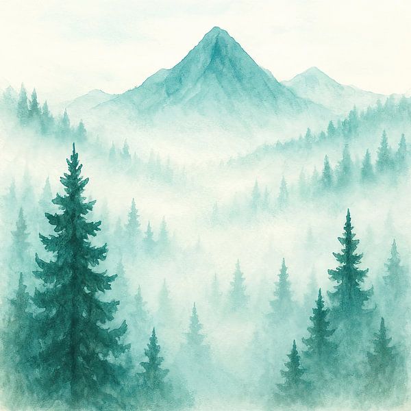 Pine forest in the mist with mountains (AI) (watercolour, painting, Scandinavia, peace, zen, nature) by Natalie Bruns