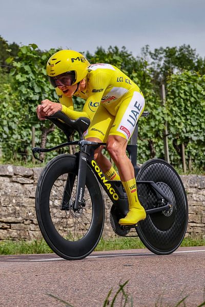 Tadej Pogacar in yellow on time trial bike upright by FreddyFinn