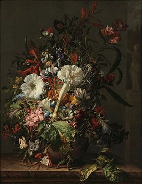 Still Life of Exotic Flowers on a Marble Ledge, Rachel Ruysch