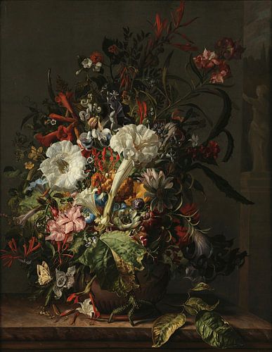 Stilleven van exotische bloemen op een marmeren rand, Rachel Ruysch