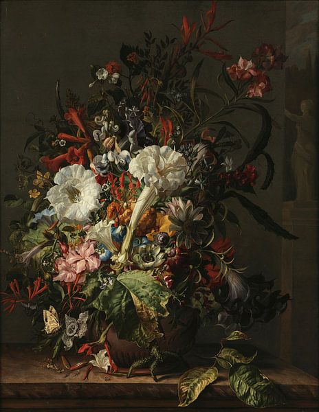 Nature morte de fleurs exotiques sur une corniche de marbre, Rachel Ruysch par Des maîtres magistraux
