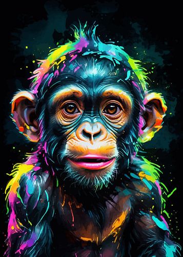 Baby Chimp Neon Watercolor Art – Expressieve Wildlife Moderne Wanddecoratie