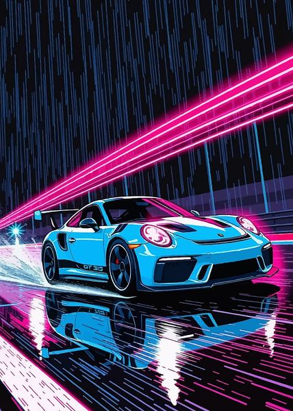 Hellblauer Porsche 911 GT3 RS - Geschwindigkeitsüberschreitung auf nächtlicher Rennstrecke, nass, regnerisch, neonfarben von MIROKKU