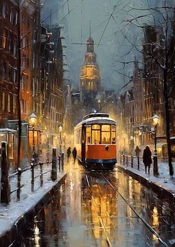 Amsterdam op een winteravond van Peet de Rouw