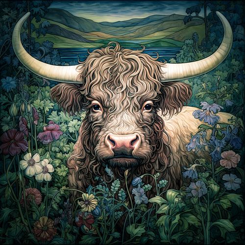 Kunstwerk Schotse hooglander in bloemen weide