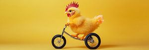Lustiges Huhn auf einem Kinderfahrrad mit gelbem Hintergrund