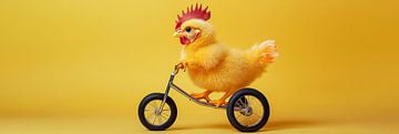 Grappige kip op een kinderfiets met een gele achtergrond van Digitale Schilderijen