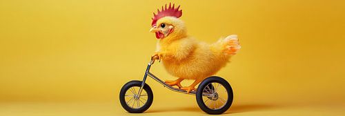 Grappige kip op een kinderfiets met een gele achtergrond