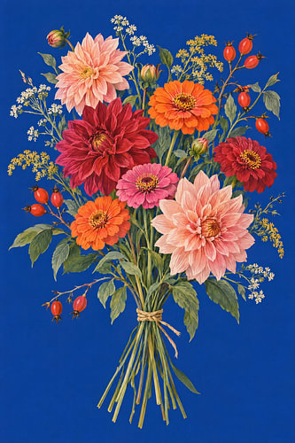 Autumn bouquet with dahlias on a cobalt-blue background