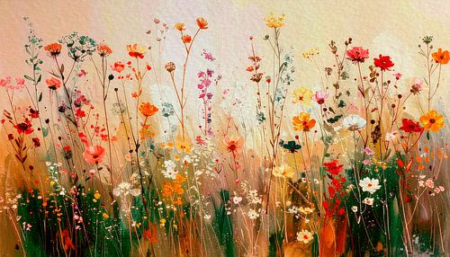 Zomer. Botanisch en Modern. Wilde bloementuin in warme kleuren