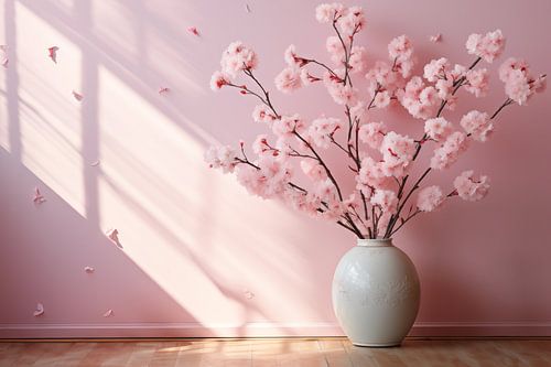 grote bloemenvaas met kersenbloesem takken voor roze muur