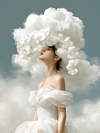 White Cotton Mirage - Extravagant Mode Portret in Zijprofiel met Sculpturale Wolkenkroon
