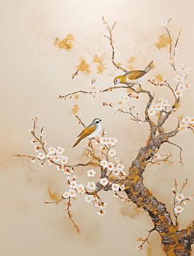 Japandi, Amandelbloesem met Love Birds, Vincent van Gogh van Caroline Guerain