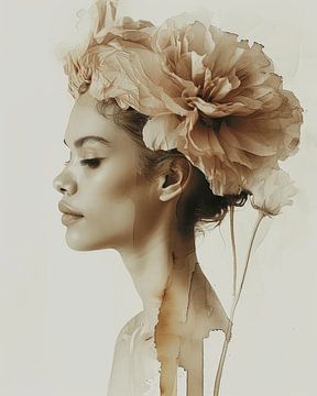 Modern portrait with a large flower in old rose by Carla Van Iersel