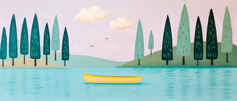 Yellow canoe in a calm forest lake by Poster Art Shop