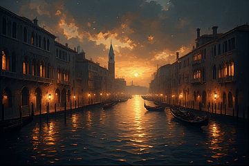 Kinoähnlicher Kanal in Venedig bei Sonnenuntergang – Dramatisches impressionistisches Digitalgemälde mit Booten und Lichtern der Stadt von Kimita Jennaira