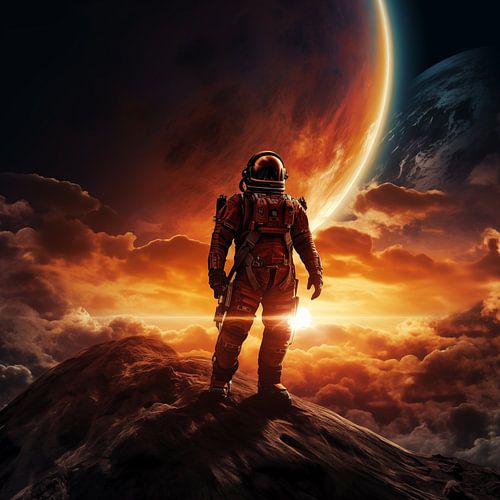 Astronaut with views of earth and mars