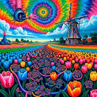 Rainbow Sky Over Fields of Vibrant Tulips