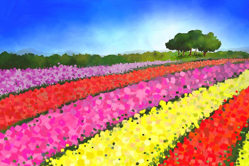 Landscape painting of Dutch tulip fields with trees by Tanja Udelhofen