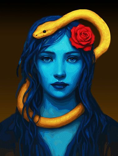 Blauwe Vrouw met Gouden Slang en Rode Roos Surrealistische Muurkunst