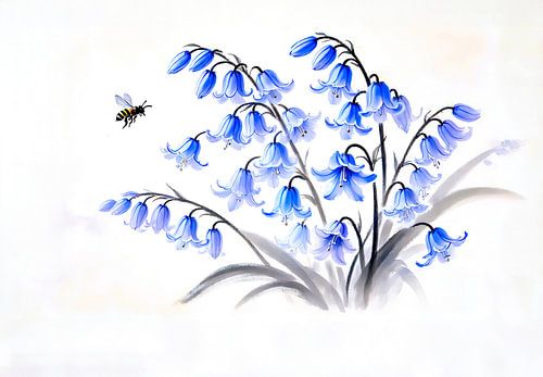 Peinture à l'encre asiatique représentant des campanules bleues