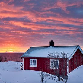 rode hut in de winter landschap voor zee in zonsopgang met wolken van Jürgen Ritterbach