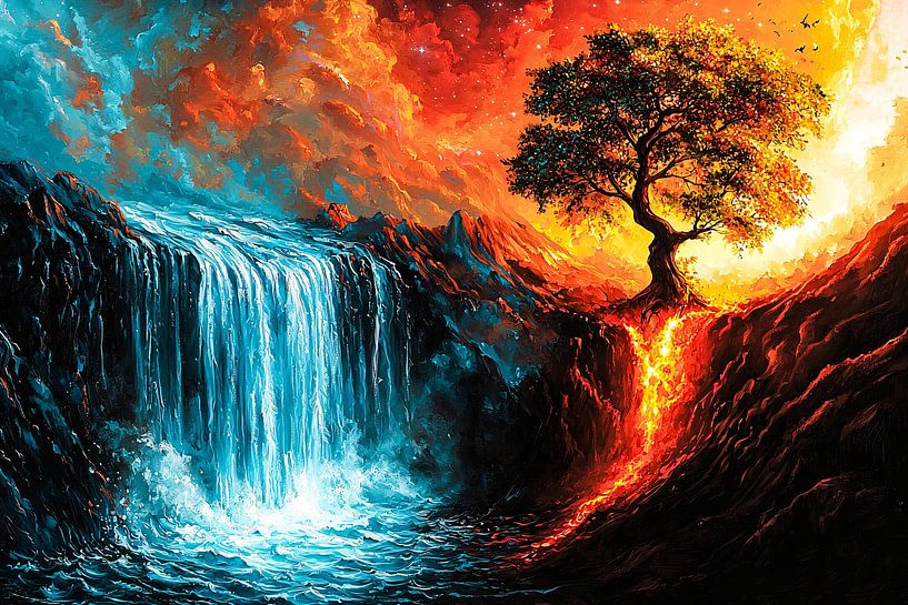 Magischer Wasserfall mit feurigem Baum von Imperial Art House