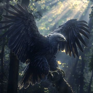 Arend in een sprookjesachtig bos met gespreide vleugels van Mel Digital Art
