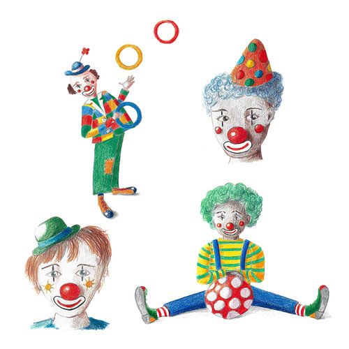 Four cheerful clowns
