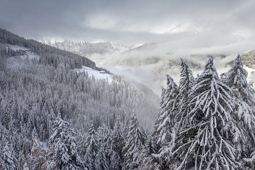 Uitzicht vanaf de Klausberg in het besneeuwde Ahrntal, Zuid-Tirol