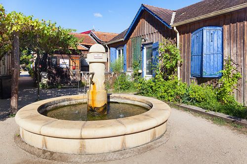 Village square of the oyster village L'Herbe, Cap Ferret, in France